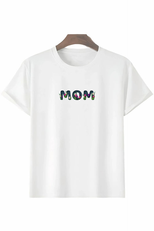 Anneler Gününe Özel Tasarım mom Çiçek Baskılı T-shirt - Beyaz