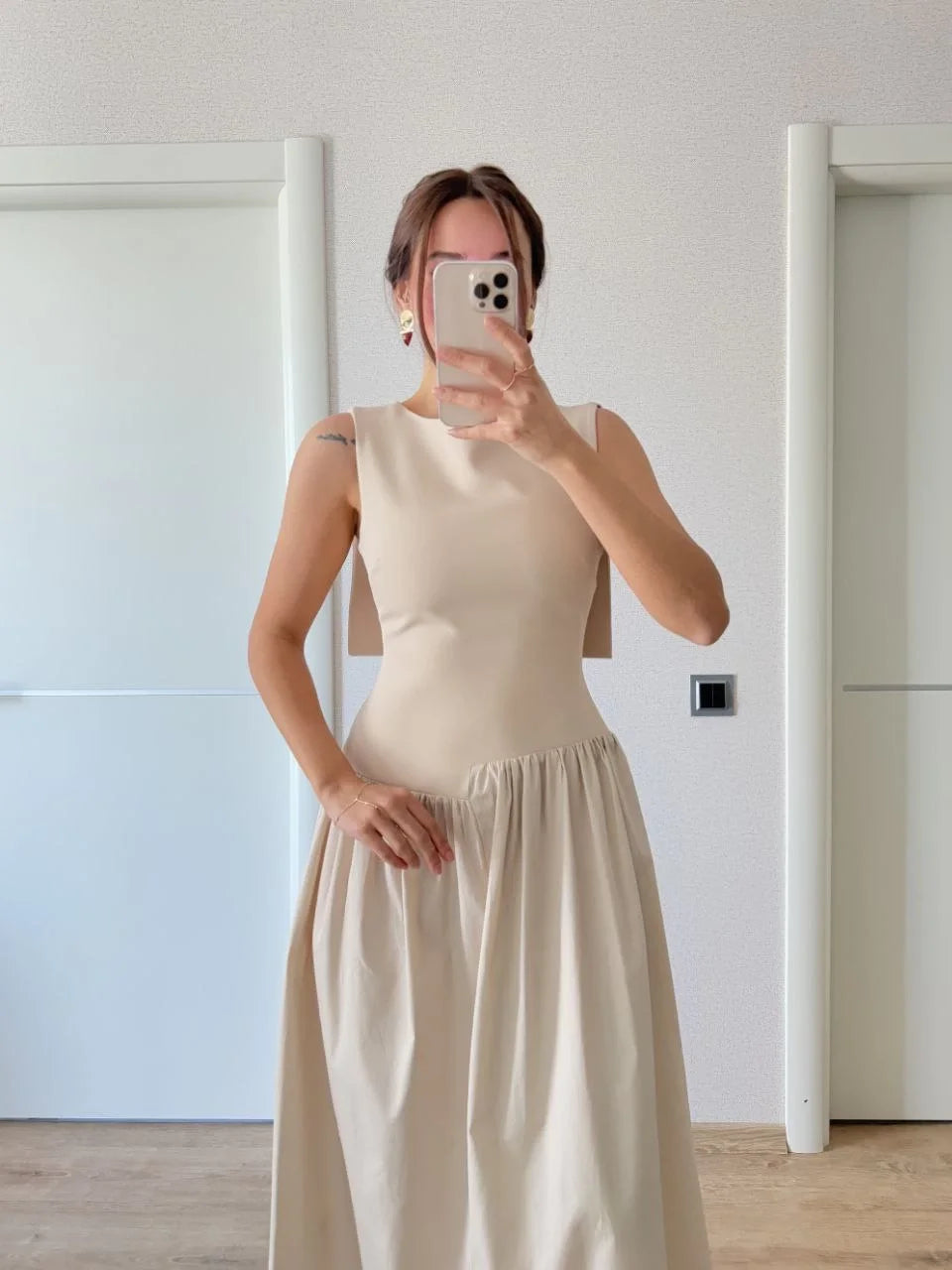 Krep Arkası Kanat Arka Ön Pens Detaylı Uzun Kadın Elbise - Bordo