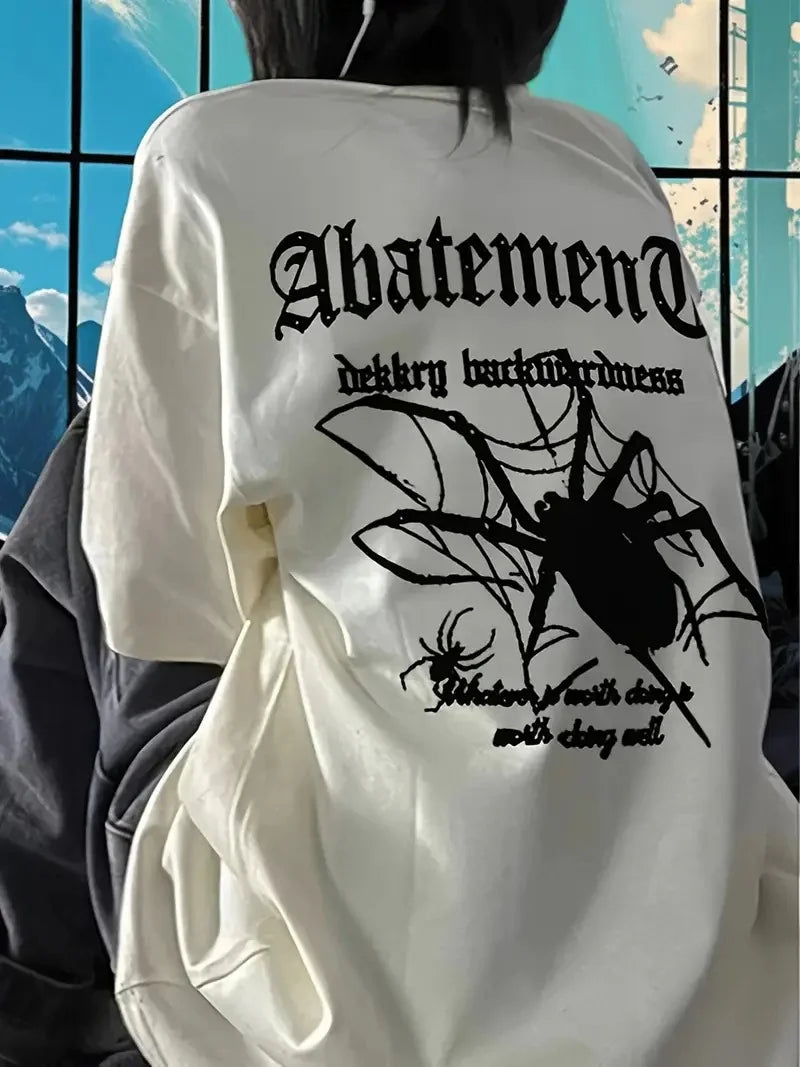 Örümcek Ağı Desenli Baskılı Oversize Bisiklet Yaka T-shirt - Siyah