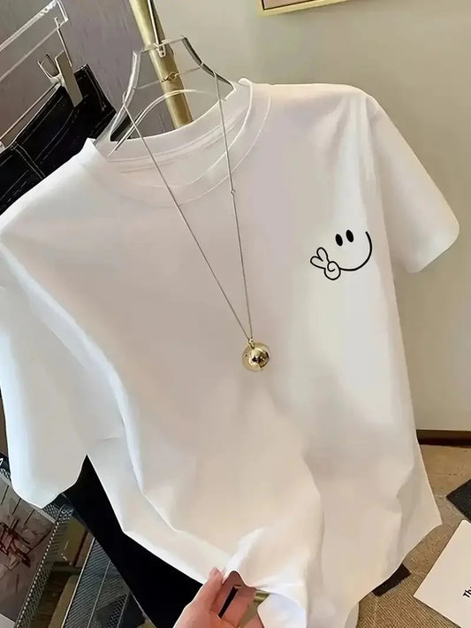 20/1 Penye Compack Gülücük Baskılı Oversize Bisiklet Yaka Kısa Kol Yazlık T-shirt - Beyaz