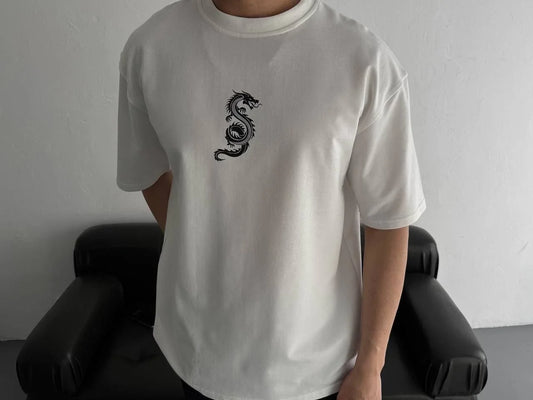 Baskılı Oversize Bisiklet Yaka T-shirt - Beyaz