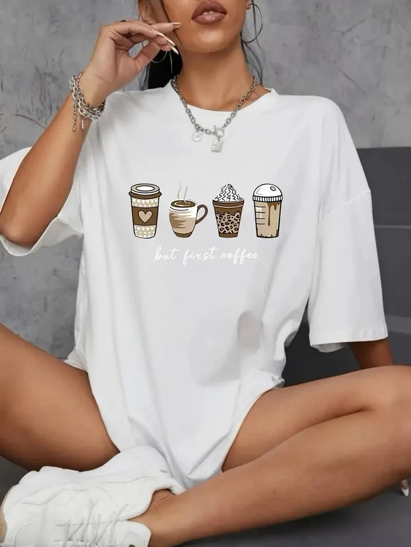 20/1 Penye Compack Baskılı Oversize Kahve Desenli Kadın Kısa Kol Yazlık T-shirt - Siyah