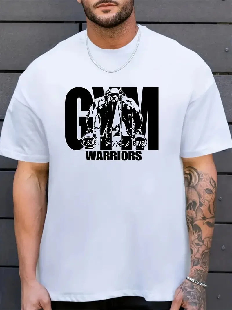 Sporda Günlük Hayata Giyilebilir GYM Baskılı Oversize Bisiklet Yaka Erkek T-shirt - Beyaz