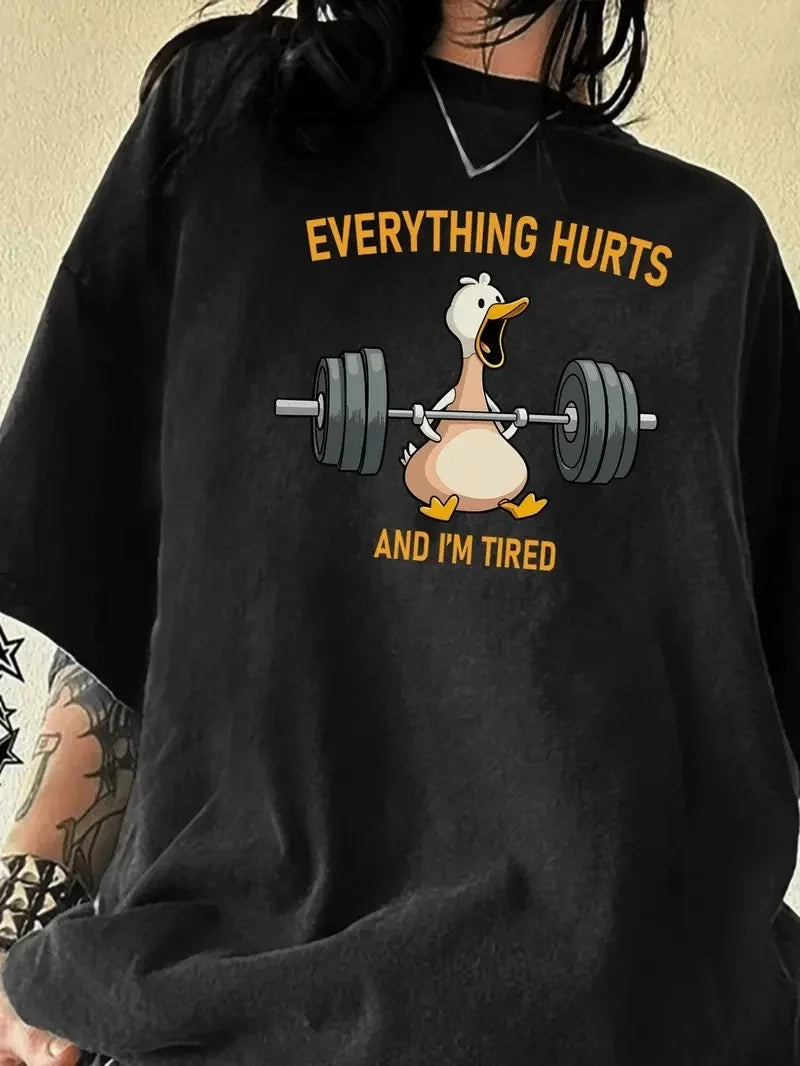 Ördek Baskılı ve Yuvarlak Yakalı Kadın Günlük Büyük Boy Siyah Tişört. - Beyaz