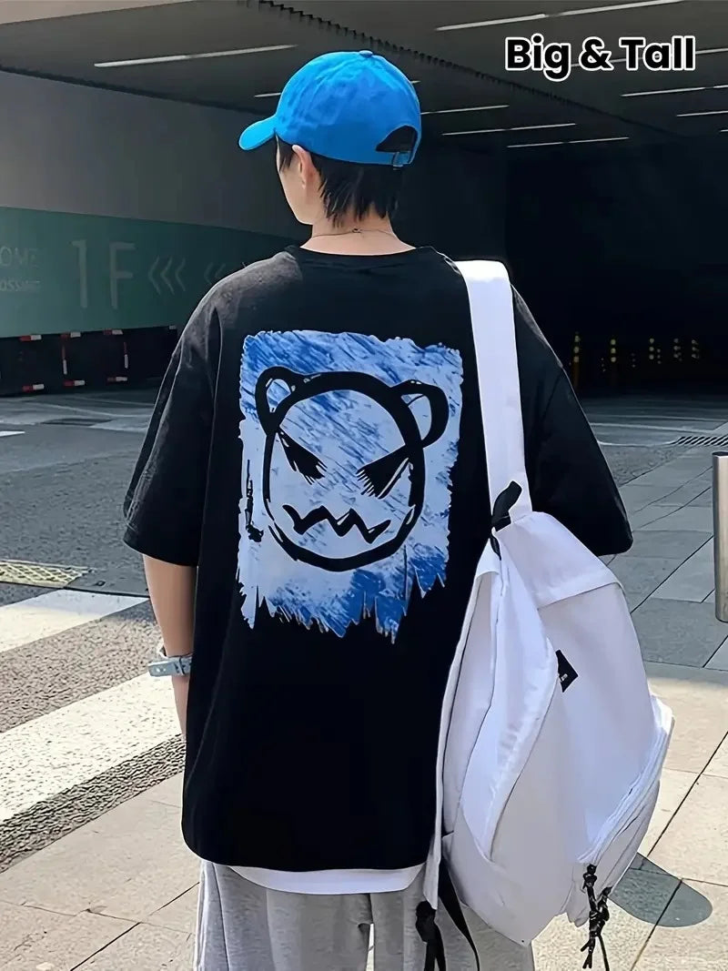 20/1 Penye Compack Bisiklet Yaka Kore tarzı sevimli ayı baskı Kısa Kol Erkek t-shirt - Beyaz