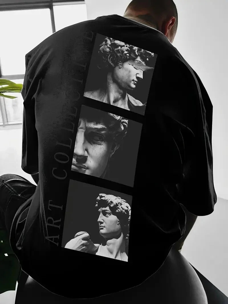 Benzersiz Sırt Baskılı Erkek Sokak Stili Bol Tişört - Nefes Alabilir Polyester, Makinede Yıkanabilir - Siyah