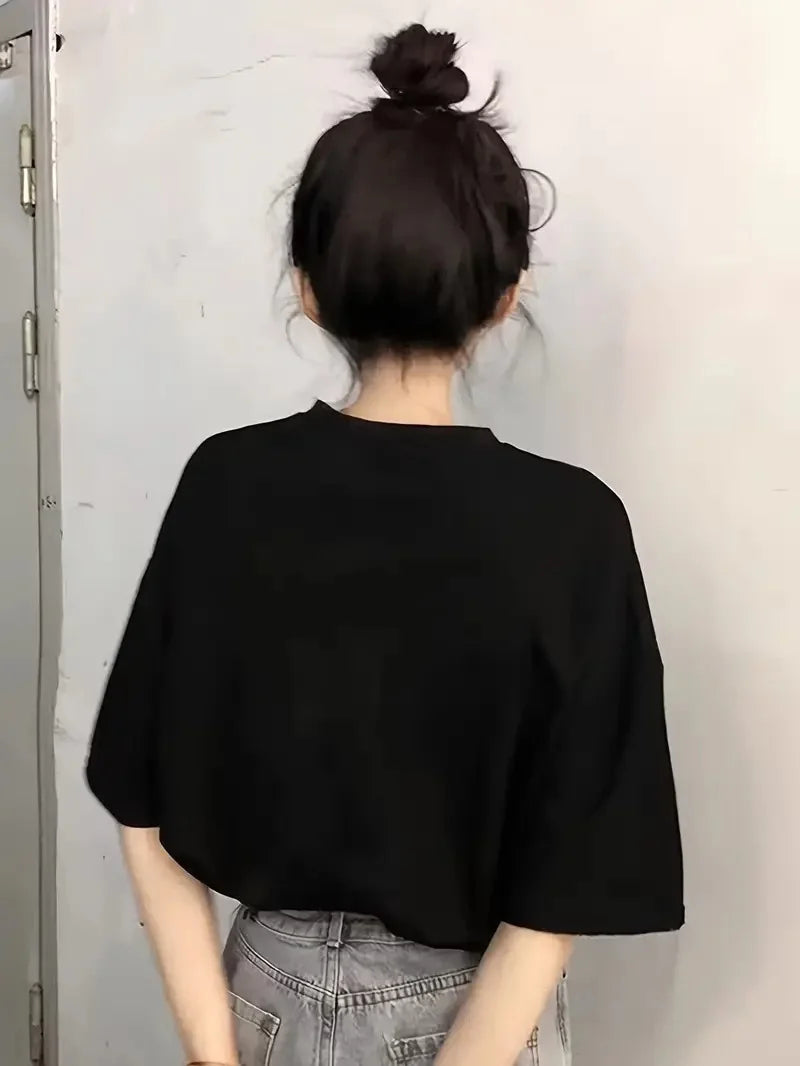 20/1 Penye Compack Baskılı Oversize Kısa Kol Bisiklet Yaka T-shirt - Siyah