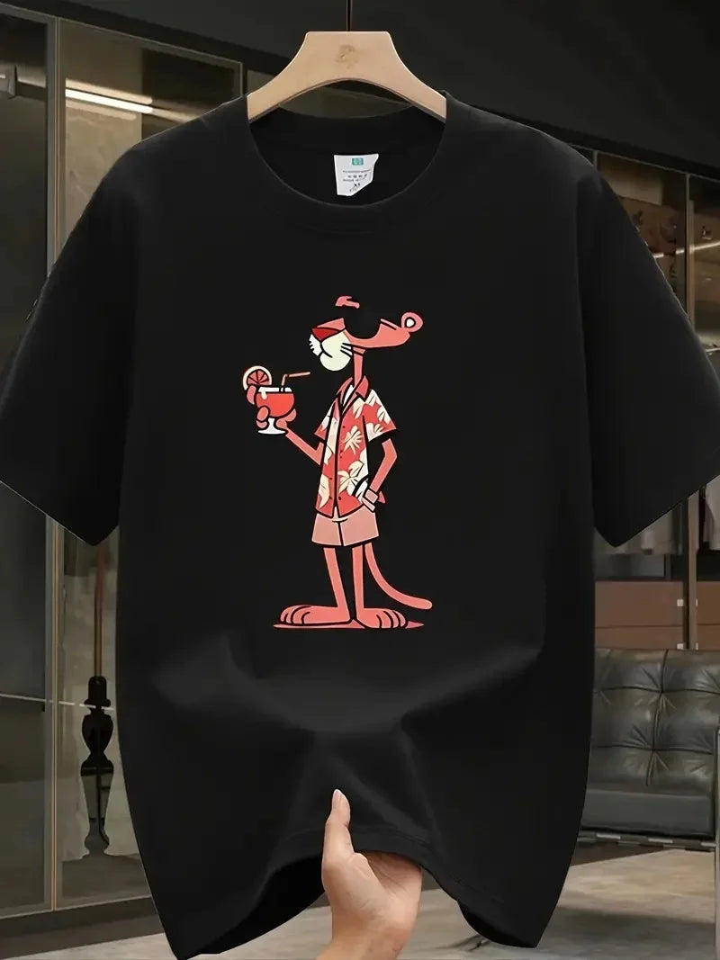 Pembe Panter Baskılı Erkek Oversize Günlük Kısa Kollu Tişört İlkbahar ve Yaz için Mükemmeldir - Beyaz