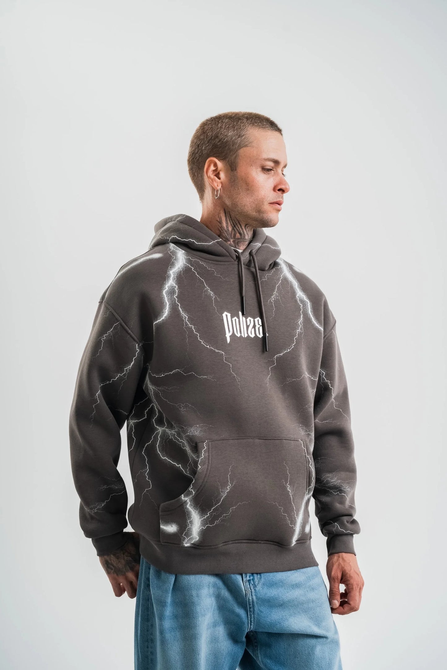 Double Oversize Kapşonlu Şimşek Pano Baskılı SweatShirt - Siyah