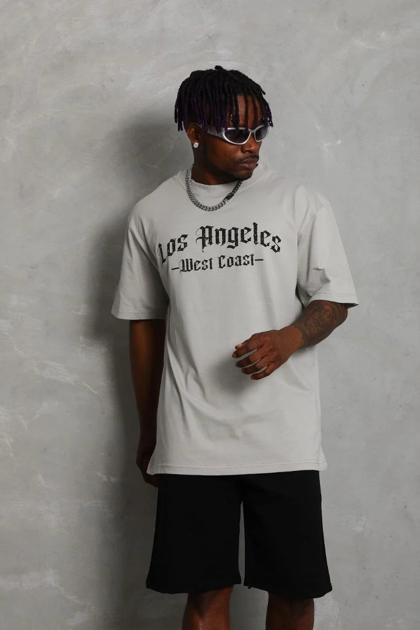 Unisex Oversize Baskılı Bisiklet Yaka T-Shirt - Beyaz