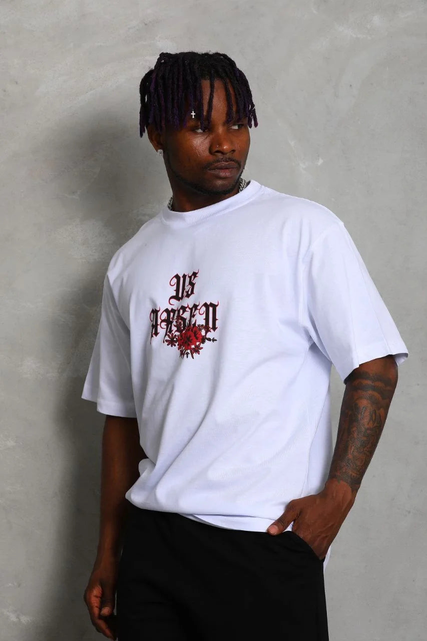 Unisex Oversize Baskılı Bisiklet Yaka T-Shirt - Siyah