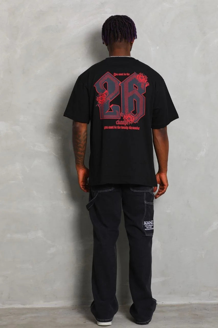 Unisex Oversize Baskılı Bisiklet Yaka T-Shirt - Siyah