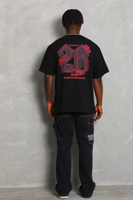 Unisex Oversize Baskılı Bisiklet Yaka T-Shirt - Siyah