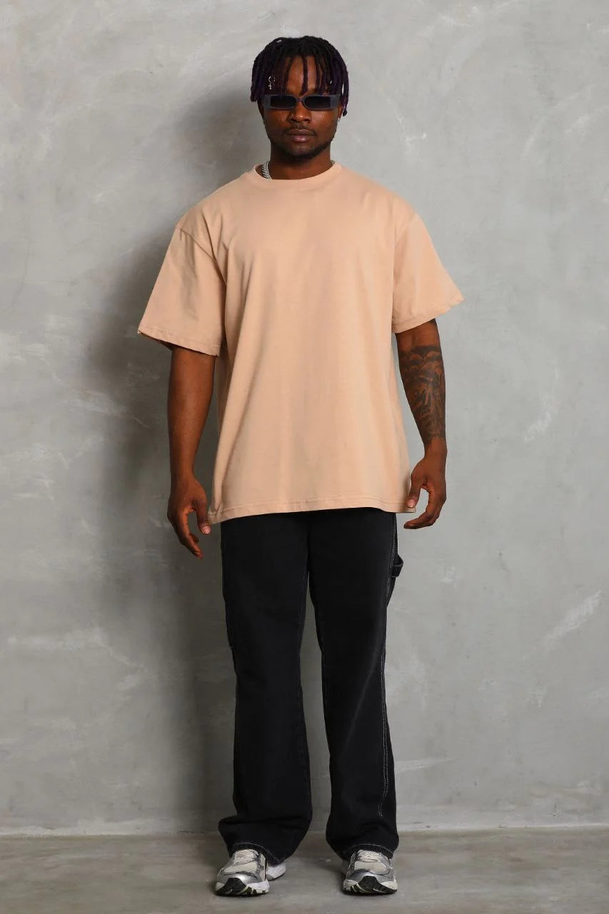 Unisex Oversize Düz Bisiklet Yaka T-Shirt - Beyaz