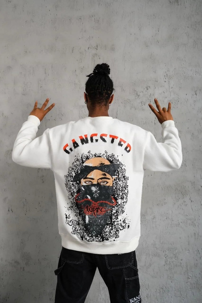 Erkek 3 İplik Gangster Baskılı Sweatshirt - Siyah