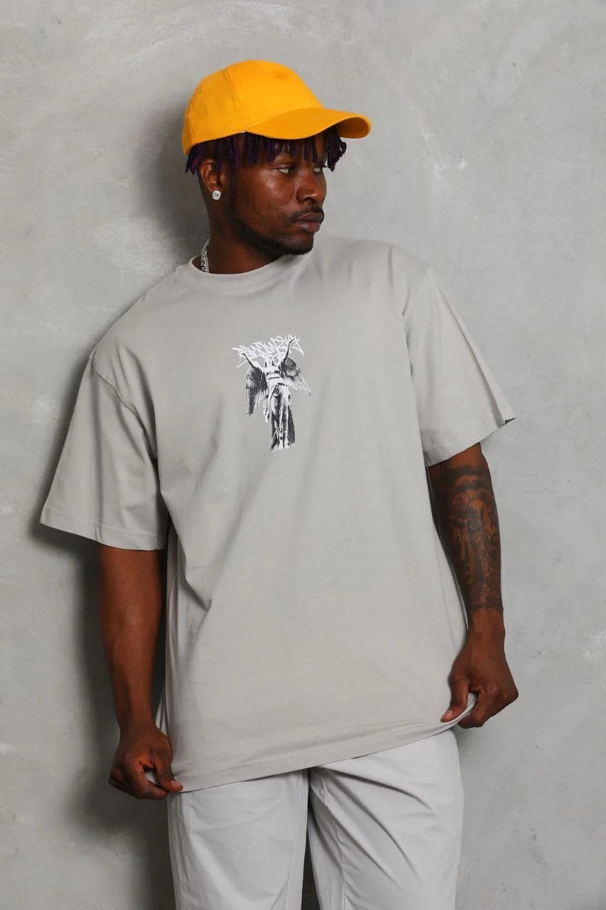 Unisex Oversize Baskılı Bisiklet Yaka T-Shirt - Kırmızı