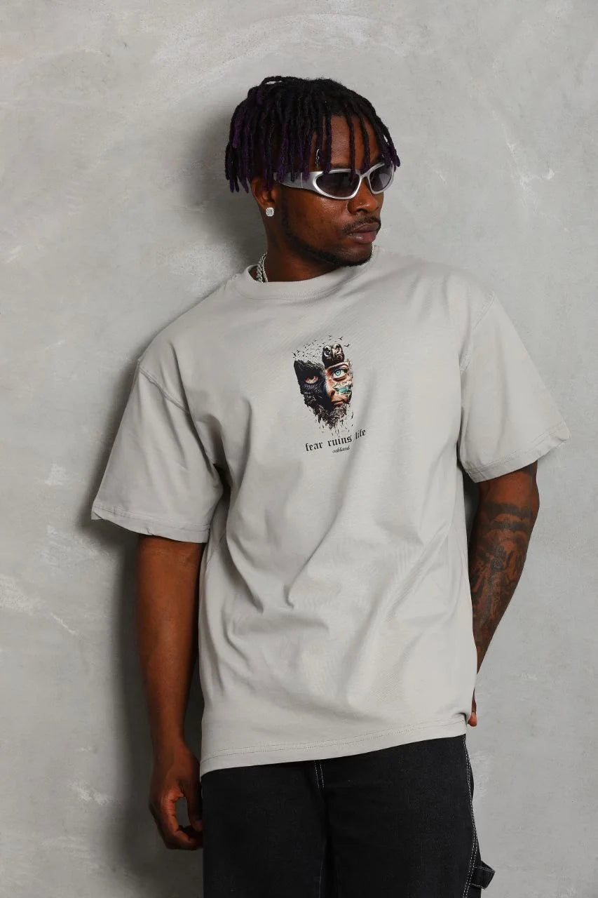 Unisex Oversize Baskılı Bisiklet Yaka T-Shirt - Kırmızı