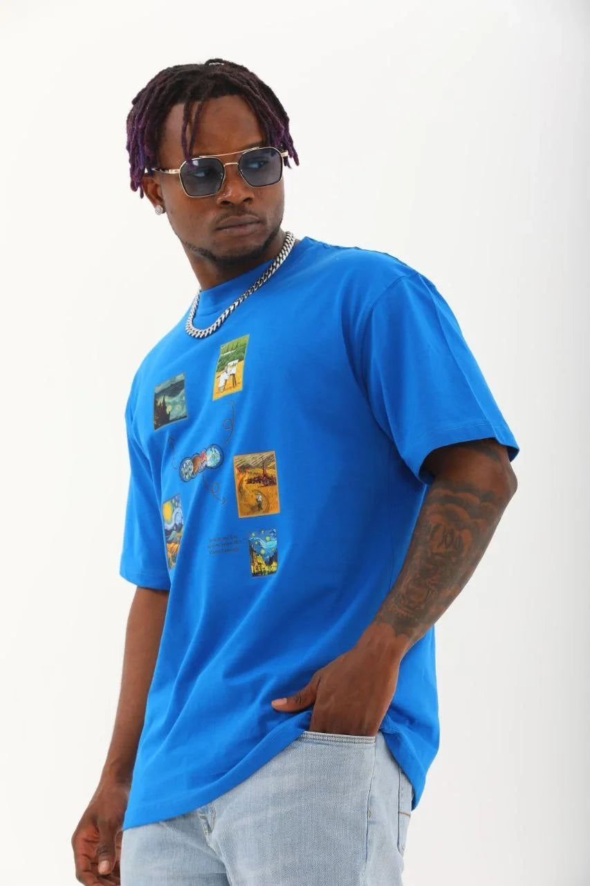 Unisex Oversize Baskılı Bisiklet Yaka T-Shirt - Siyah