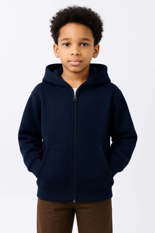 Erkek Çocuk Kapüşonlu Kanguru Çepli Tam Fermuarlı Hırka SweatShirt - Lacivert