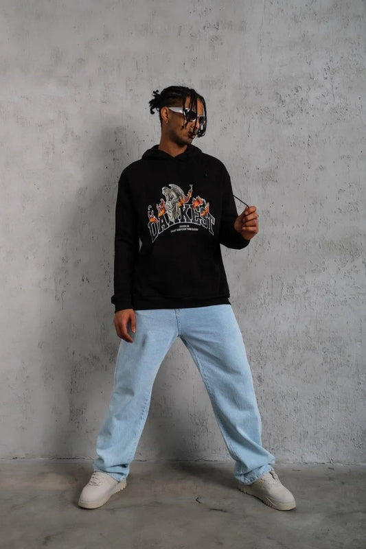 Erkek Oversize Kapüşonlu Sweatshirt – Siyah Renk Üç İplik İçi Pamuklu Kanguru Cepli Baskılı Hoodie Rahat Kalıp Kışlık Günlük Kombinlere Uygun - Siyah