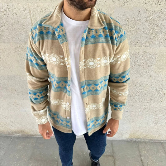 Erkek Desenli Polar Gömlek – Etnik Şerit Desen Yakalı, Uzun Kollu, Düğmeli, Oversize Rahat Kalıp - Sarı