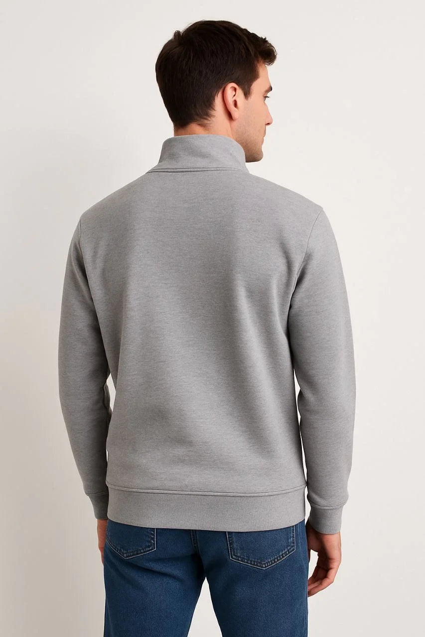 Erkek Dik Yaka Sweatshirt Dik Yaka Yarım Fermuarlı 3 İplik Şardonlu Pamuk Kumaş - Beyaz