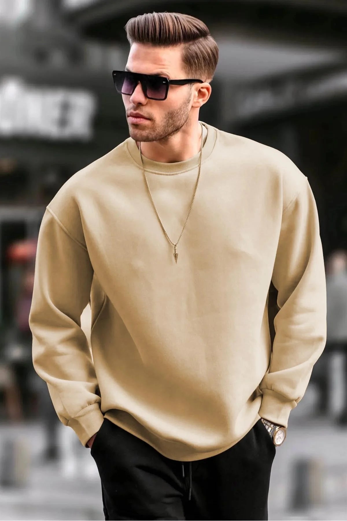 Erkek Düz Bisiklet Yaka Sweat - Siyah