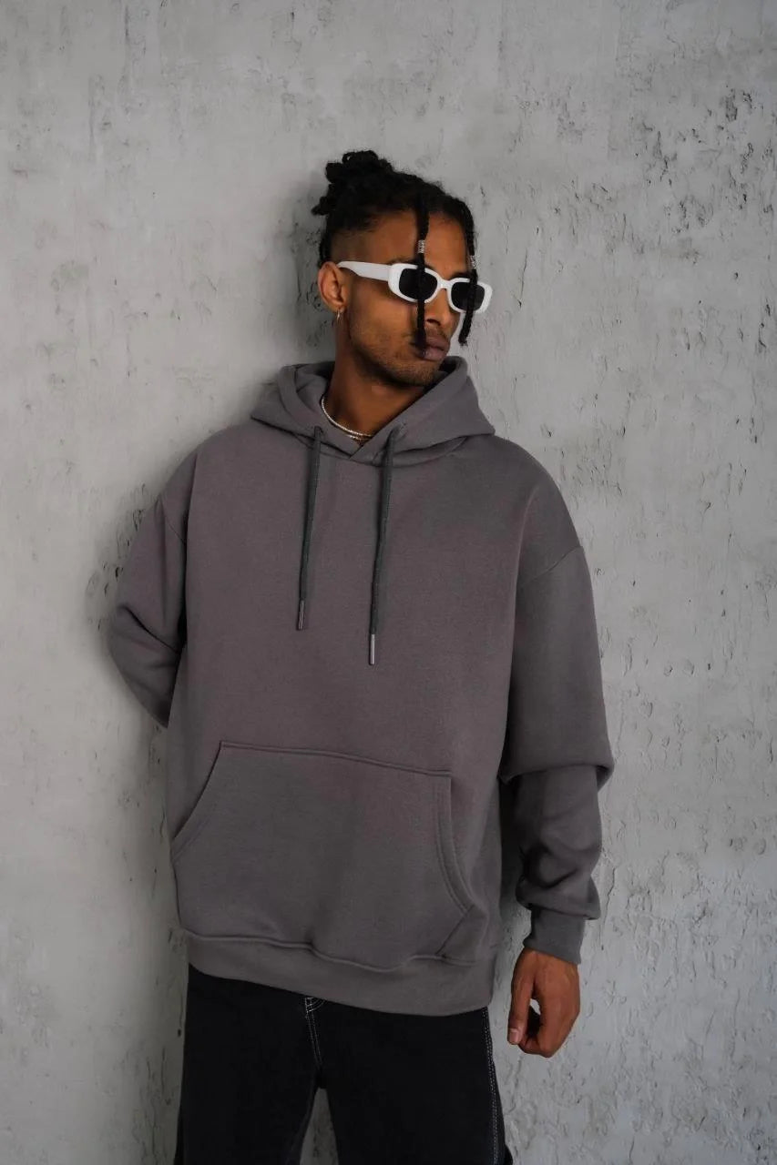 Erkek Düz Kapüşonlu Sweat - Siyah