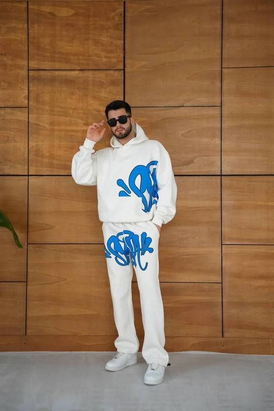 Erkek Kapüşonlu Eşofman Takım Graffiti Baskılı  Oversize Rahat Kalıp, Kanguru Cepli, Streetwear Tarzında Premium Ürün 3 iplik Pamuklu - Beyaz