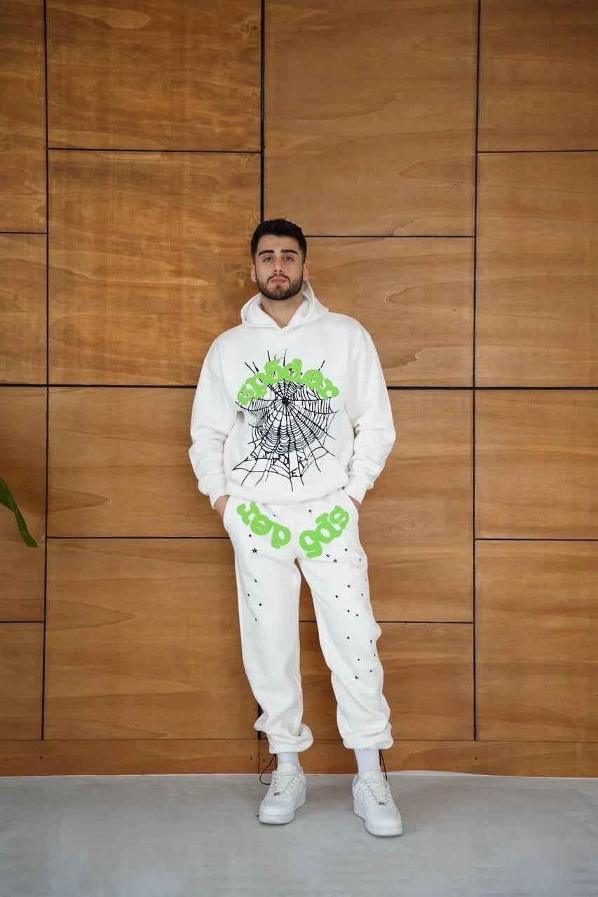 Erkek Kapüşonlu Eşofman Takım Örümcek Ağı ve Neon Yeşil Baskılı Kanguru cepli Oversize Rahat Kalıp, Premium Üç İplik Kumaş - Siyah