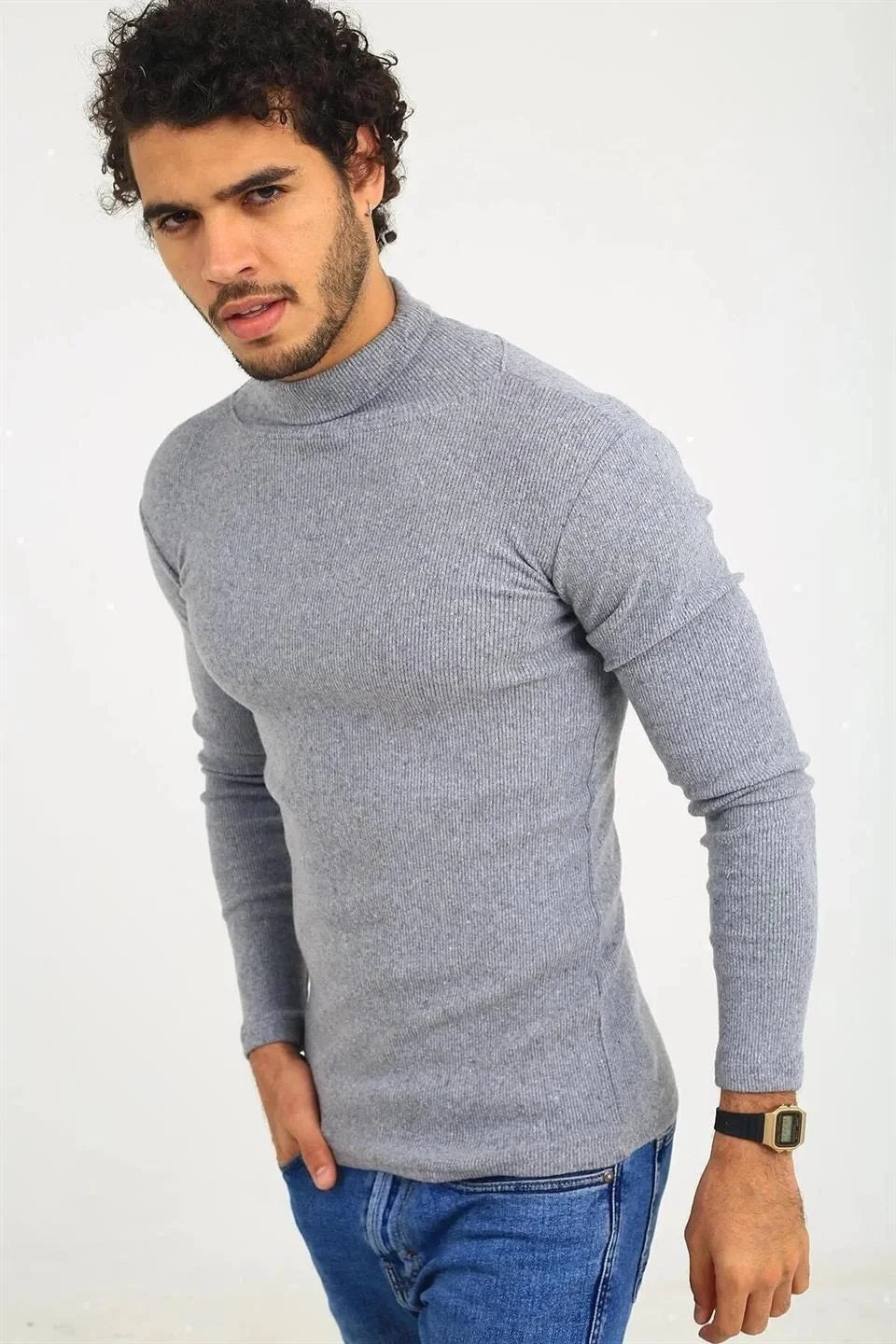 Erkek Kaşkorse Boğazlı Full Likralı Fitilli Body Kazak - Bordo