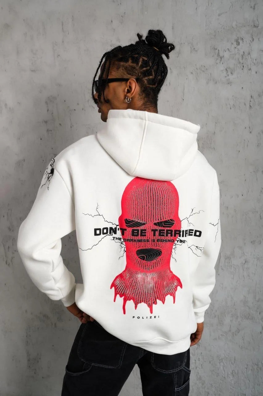 Erkek Oversize Üç İplik Kapüşonlu Sweatshirt – Siyah “Don’t Be Terrified” Ön, Sırt ve Kol Baskılı, Kanguru Cepli, Ribanalı Rahat Model- Siyah