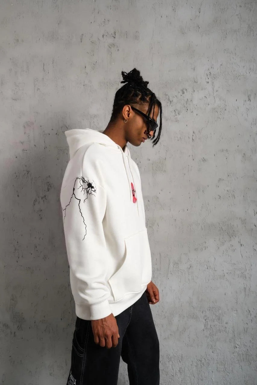 Erkek Oversize Üç İplik Kapüşonlu Sweatshirt – Siyah “Don’t Be Terrified” Ön, Sırt ve Kol Baskılı, Kanguru Cepli, Ribanalı Rahat Model- Siyah