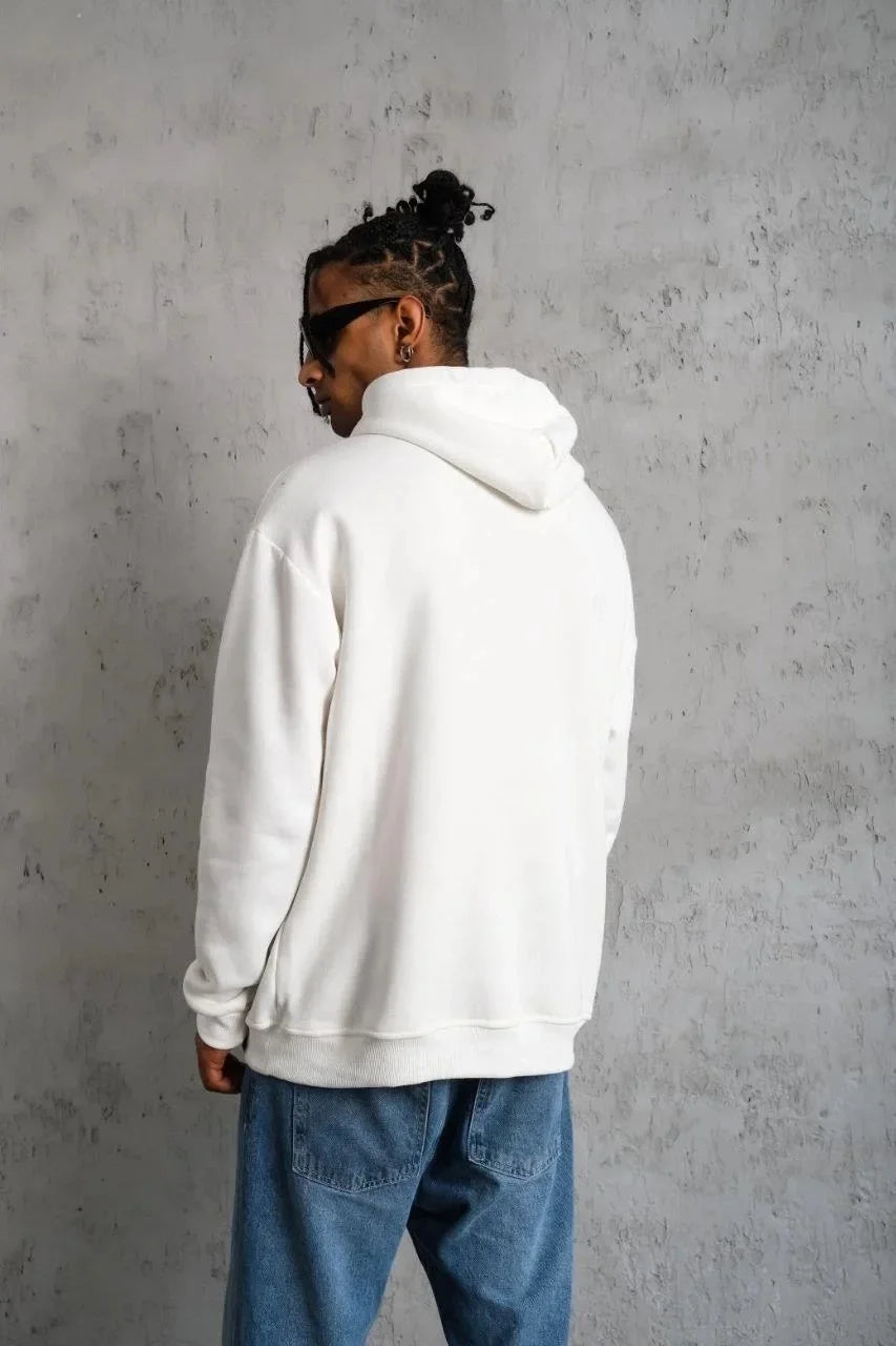 Erkek Oversize Kapüşonlu Sweatshirt – Siyah Renk Üç İplik İçi Pamuklu Kanguru Cepli Baskılı Hoodie Rahat Kalıp Kışlık Günlük Kombinlere Uygun - Siyah