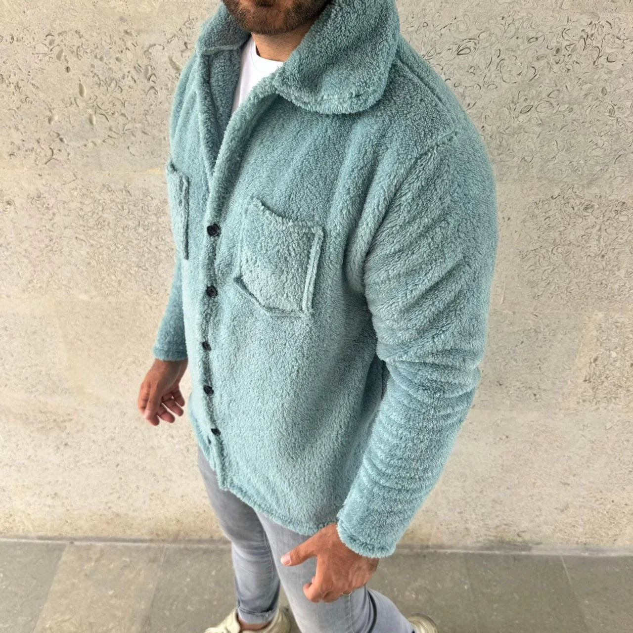 Erkek Pelüş Polar Hırka Gömlek – Yakalı, İlik Düğmeli, Göğüs Cepli, Yumuşak Dokulu Kışlık Regular Fit Rahat Günlük Model - Siyah