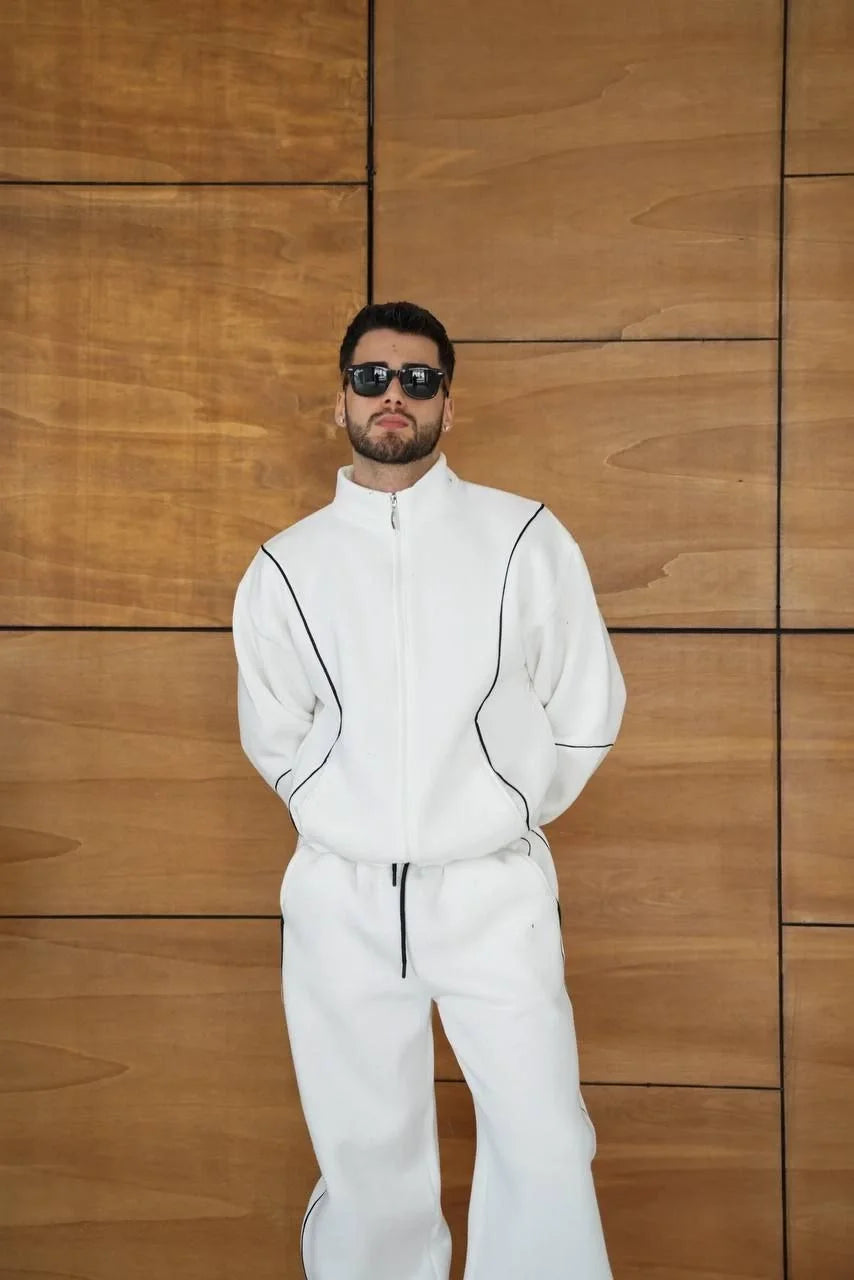 Erkek Premium Parçalı Eşofman Takım - Dik Yaka Fermuarlı Biyeli Sweatshirt Lastik Paça Alt, Oversize 3 iplik Şardonlu - Siyah