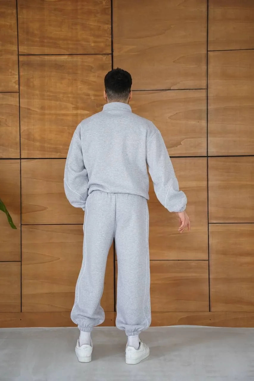 Erkek Premium Parçalı Eşofman Takım - Dik Yaka Fermuarlı Biyeli Sweatshirt Lastik Paça Alt, Oversize 3 iplik Şardonlu - Siyah