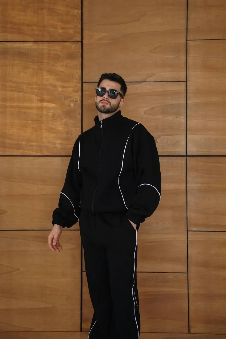 Erkek Premium Parçalı Eşofman Takım - Dik Yaka Fermuarlı Biyeli Sweatshirt Lastik Paça Alt, Oversize 3 iplik Şardonlu - Siyah