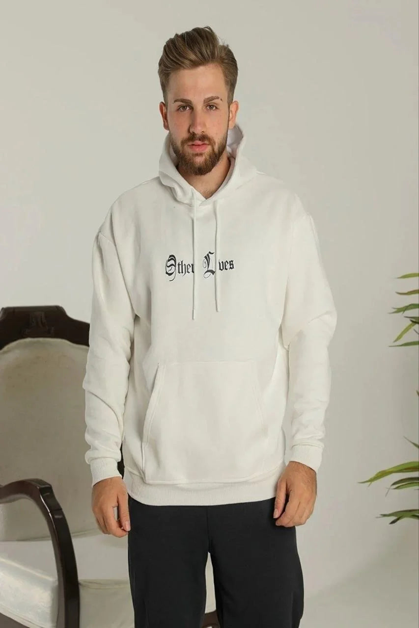 Kadın Oversize Üç İplik Kapüşonlu Sweatshirt – Siyah “Other Lives” Ön ve Arka Baskılı, Şardonlu Kışlık, Rahat Günlük Model Siyah