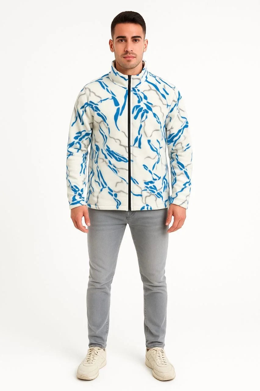 Erkek Tam Fermuarlı Desenli Polar Sweat Lightning Desen Yakalı, Uzun Kollu, Oversize Rahat Kalıp - Beyaz