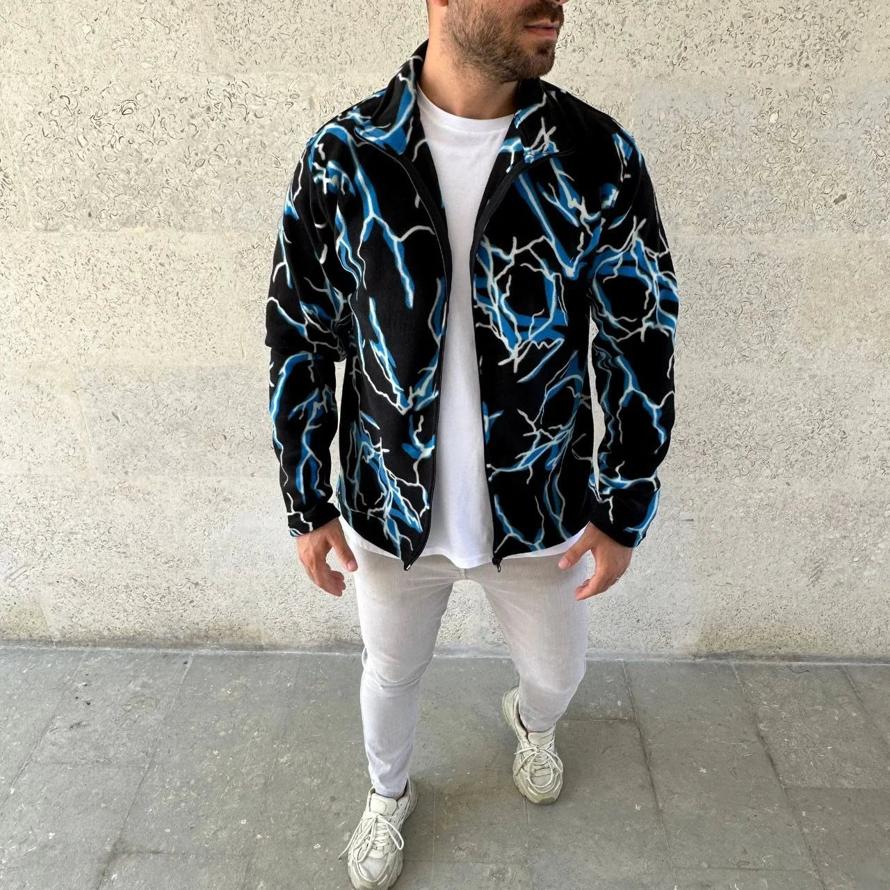 Erkek Tam Fermuarlı Desenli Polar Sweat Lightning Desen Yakalı, Uzun Kollu, Oversize Rahat Kalıp - Beyaz