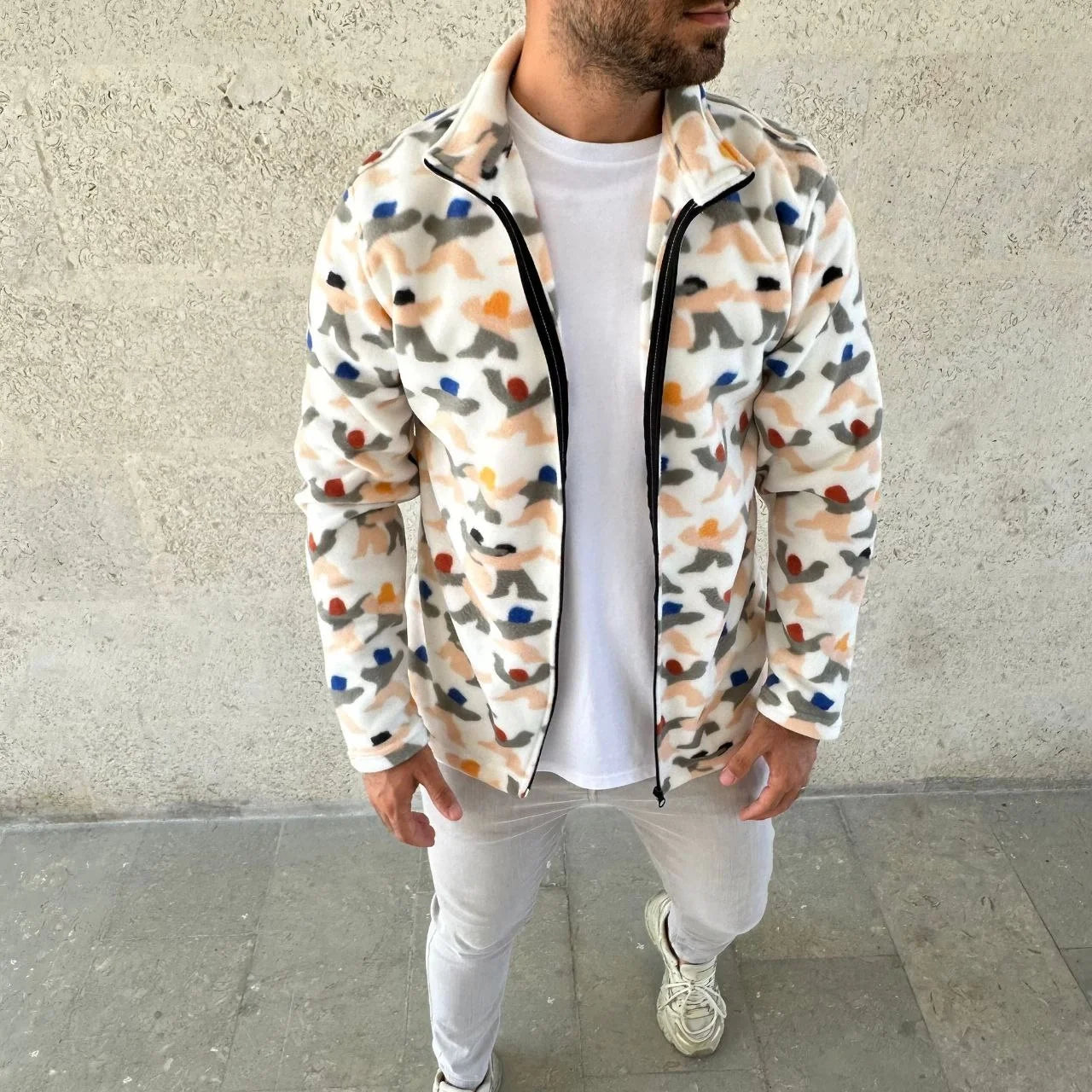 Erkek Tam Fermuarlı Desenli Polar Sweat – Siyah Multicolor Figür Desen Yakalı, Uzun Kollu, Oversize Rahat Kalıp- Siyah