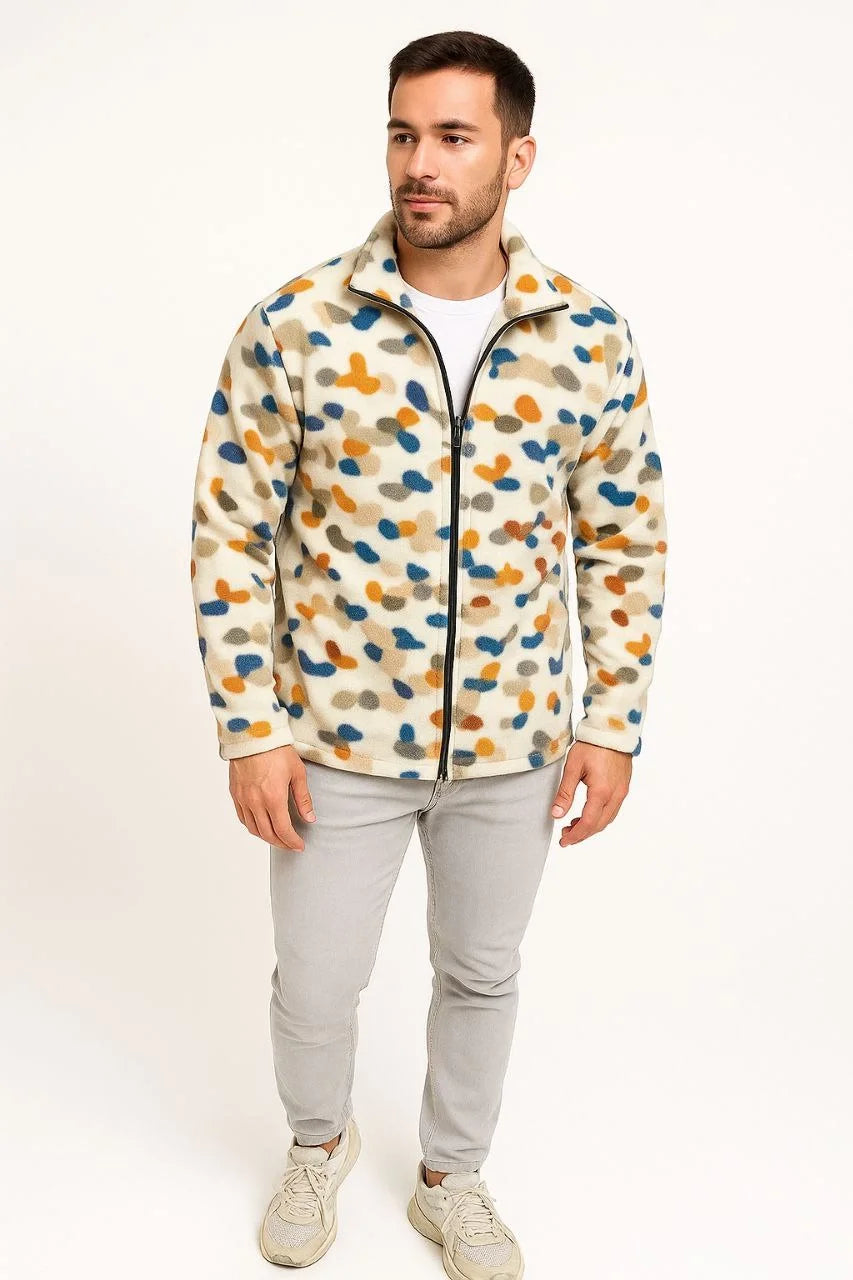 Erkek Tam Fermuarlı Desenli Polar Sweat – Siyah Multicolor Figür Desen Yakalı, Uzun Kollu, Oversize Rahat Kalıp- Siyah