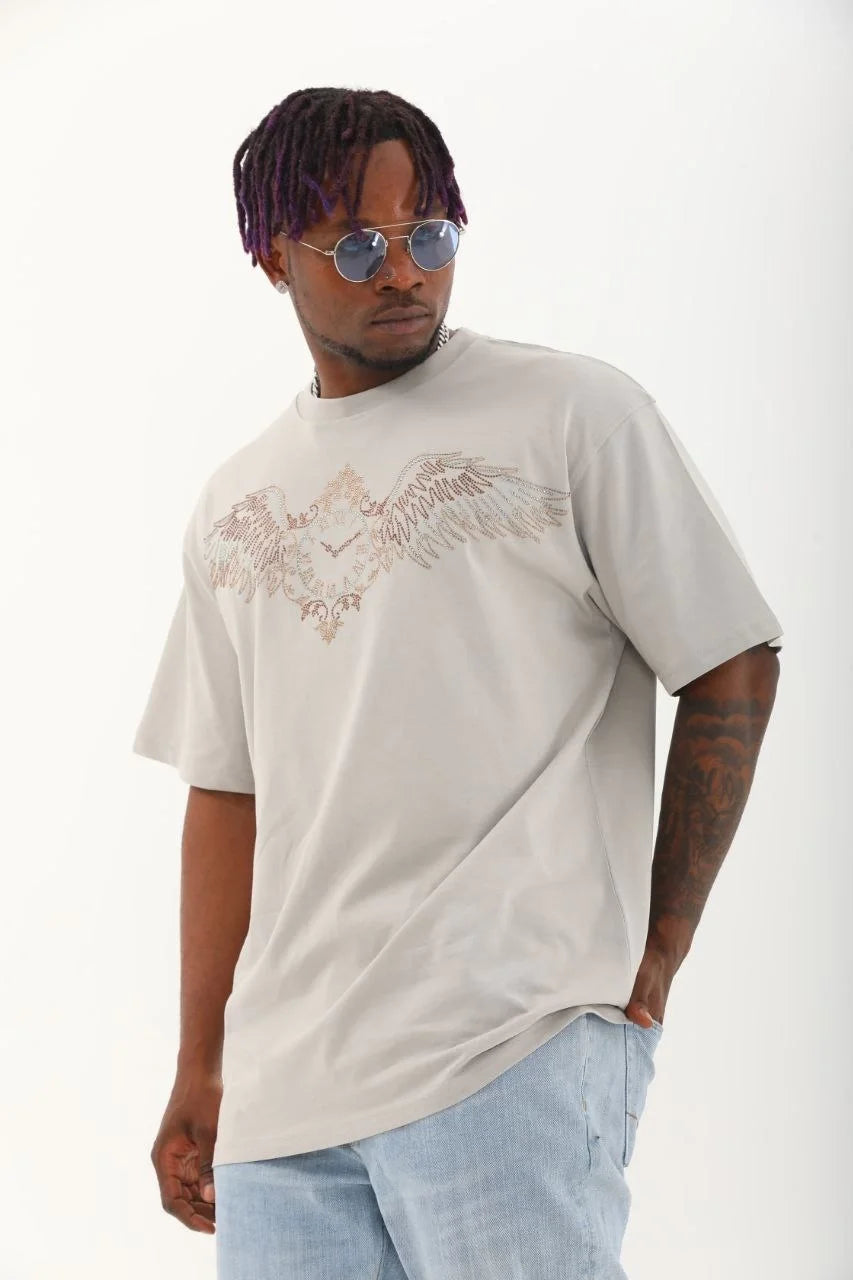 Unisex Oversize Taşlı Bisiklet Yaka T-Shirt - Beyaz