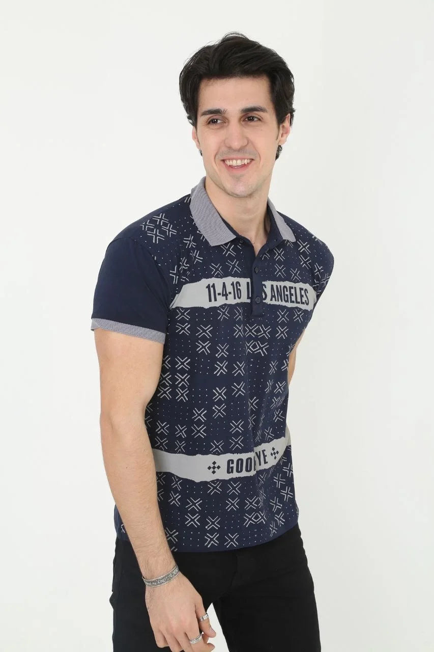 Erkek Yakalı Slim Fit Baskılı T-Shirt - Siyah