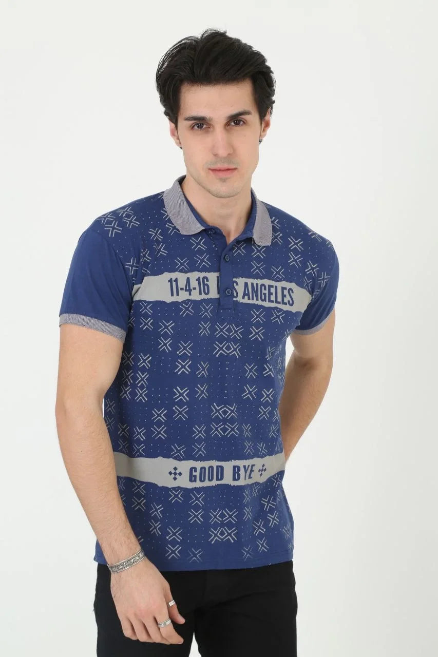 Erkek Yakalı Slim Fit Baskılı T-Shirt - Siyah