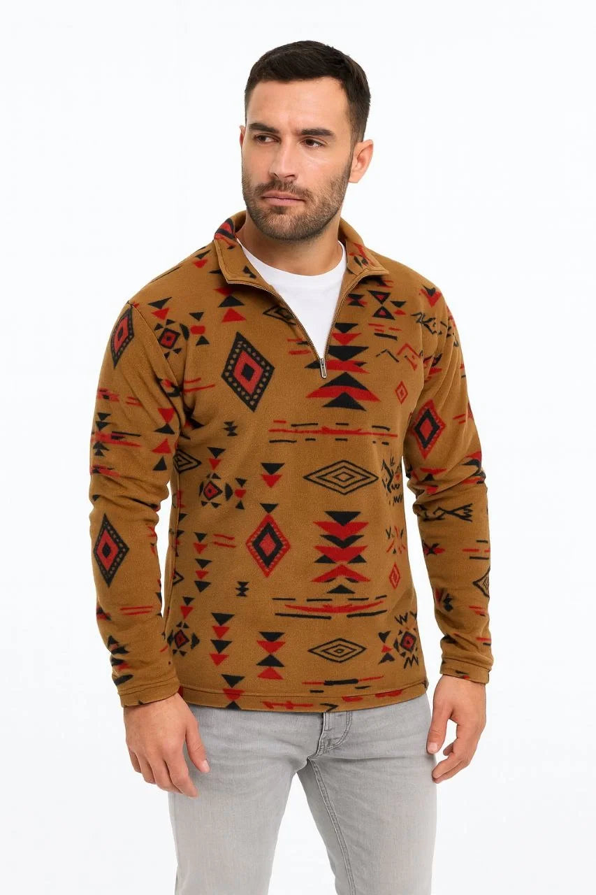 Erkek Yarım Fermuarlı Desenli Polar Sweat Tribal Etnik Desen Yakalı, Uzun Kollu, Oversize Rahat Kalıp, - Siyah