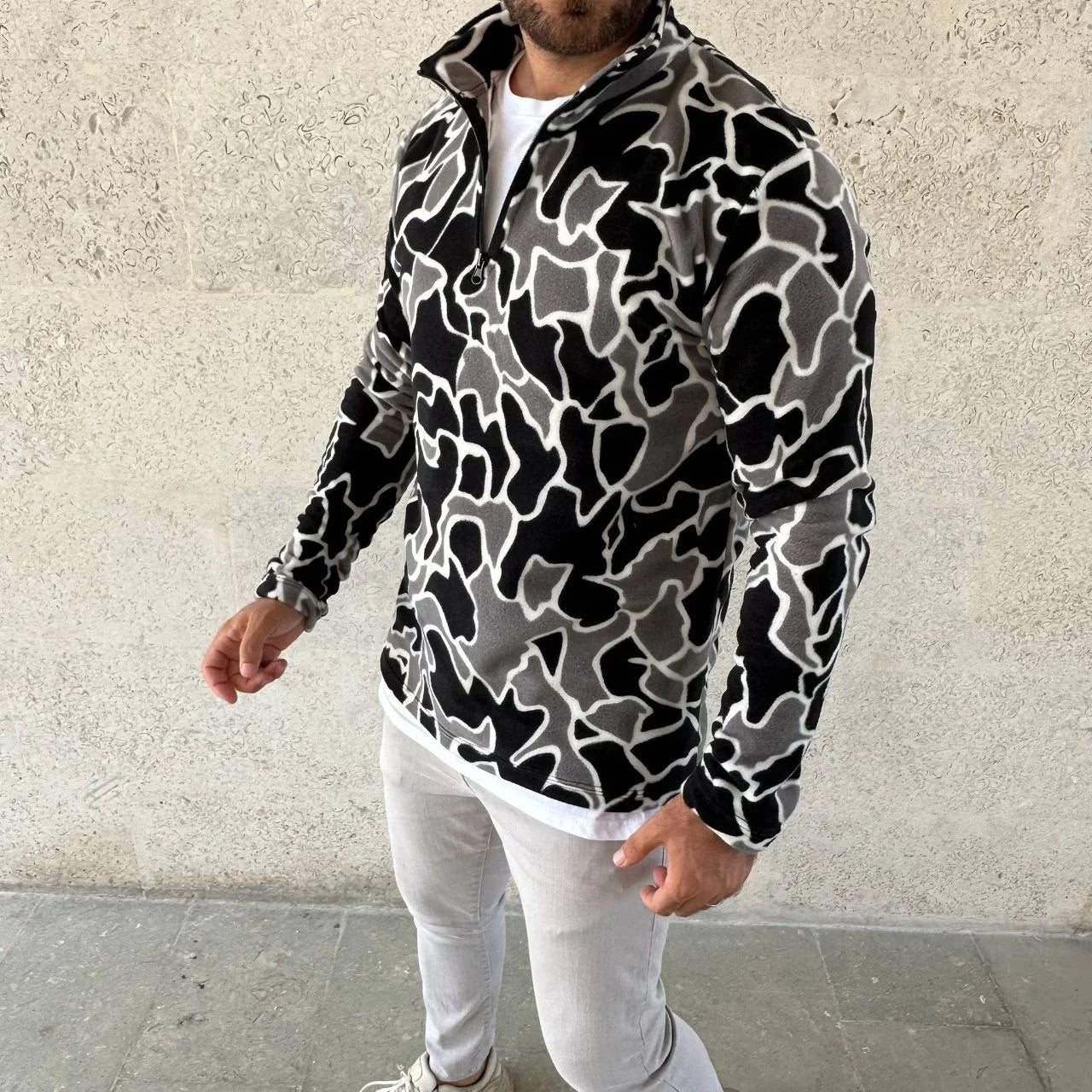 Erkek Yarım Fermuarlı Desenli Polar Sweat Yakalı, Uzun Kollu, Oversize Rahat Kalıp - Bej