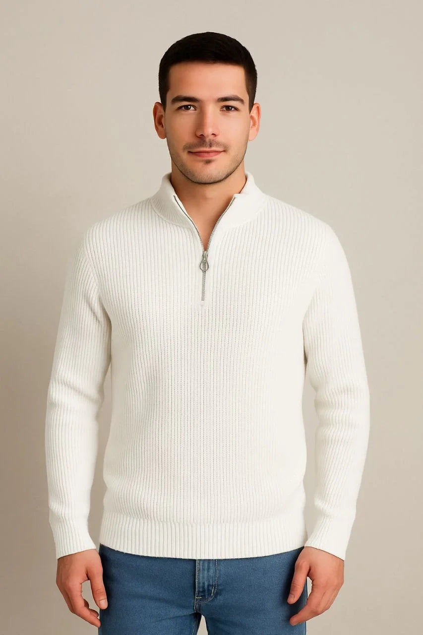 Erkek Yarım Fermuarlı Triko Kazak – Selanik Örgü, Dik Yaka, Pamuklu Dokuma, Regular Fit Uzun Kollu Kışlık Model - Siyah