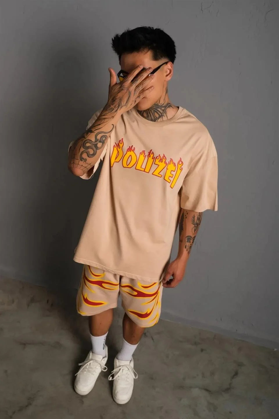 Erkek Alev Baskılı İkili Şortlu Takım - Beyaz